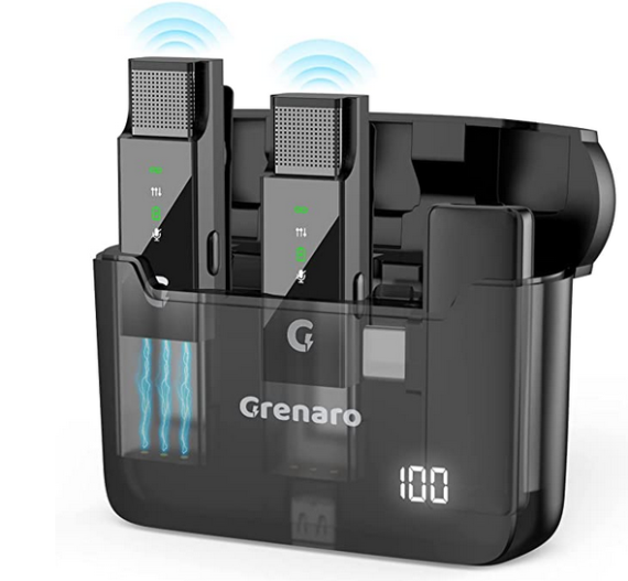 GRENARO Wireless Microphone with Digital Display Charging Case, Noise Cancellation Wireless Lavalier Mic, 30M/98Ft Transmission (Dual Channel Universal Version)