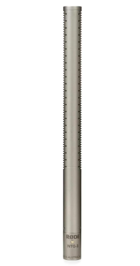Rode NTG3 silver shotgun microphone with protective storage cylinder
