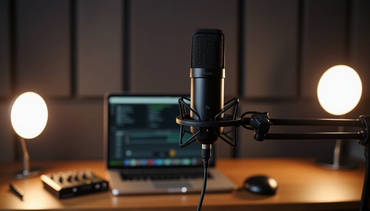 Studio mic youtubers use with laptop, audio interface, and warm lighting ideal setup for podcast content creation.