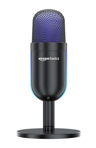 mazon Basics Condenser USB Microphone in black with adjustable stand and RGB lighting, ideal for recording, streaming, gaming, and podcasting on PC and Mac.