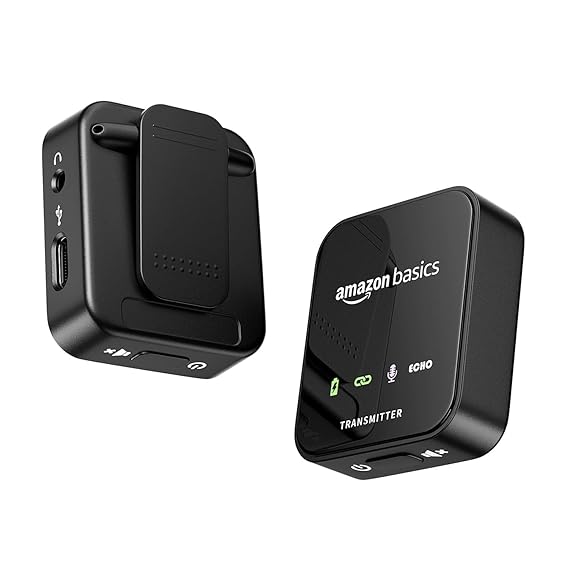 Amazon Basics wireless microphone system with receiver, USB connector, and noise cancellation for DSLR and smartphones